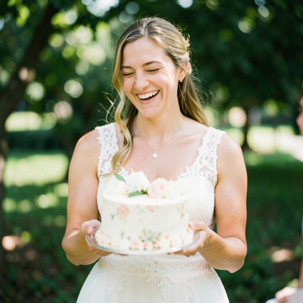 A bride laughing while holding a slightly lopsided wedding cake, soft natural light, cream and blush tones, candid moment.