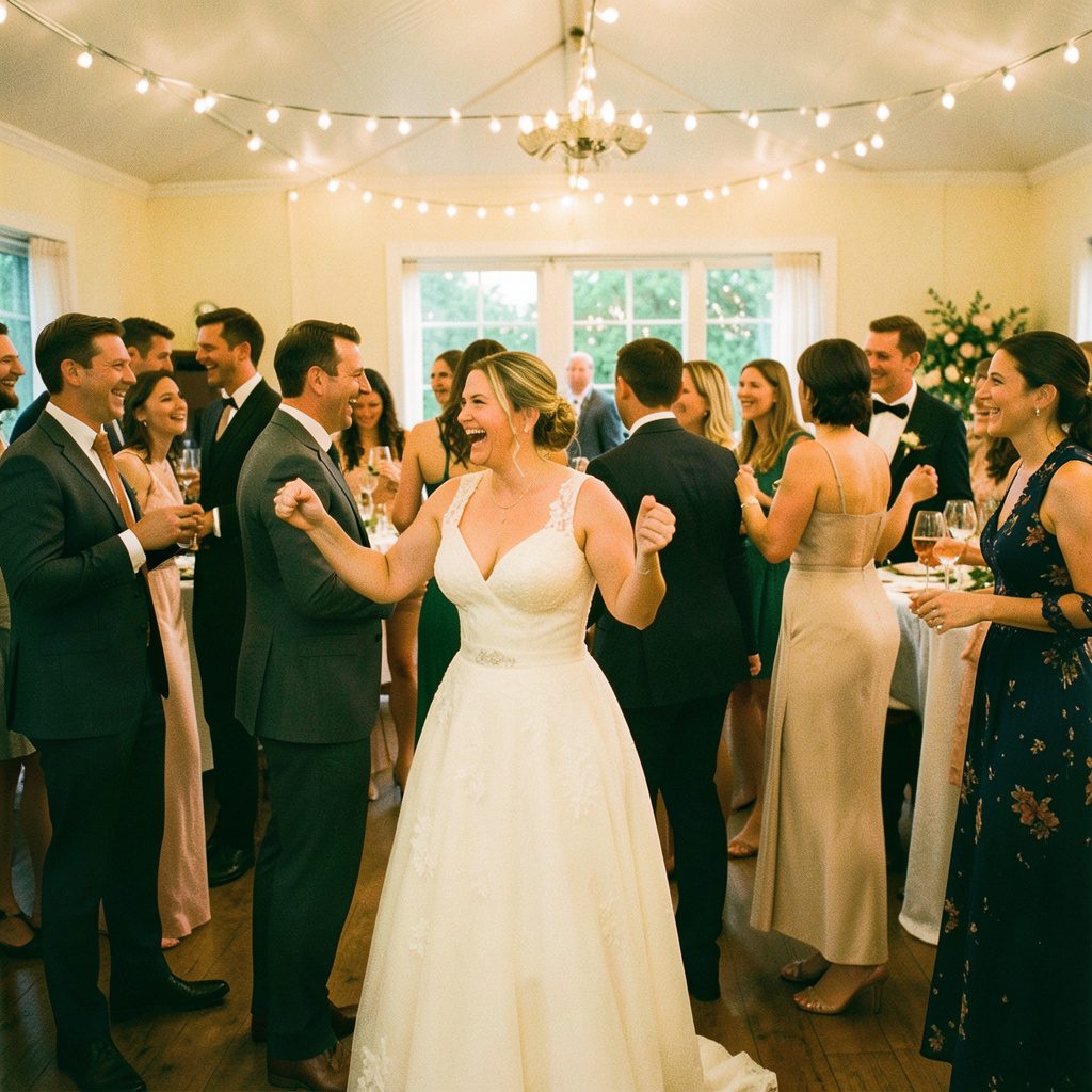 A lively wedding reception scene with guests dancing and laughing, warm amber and cream tones, candid documentary style.