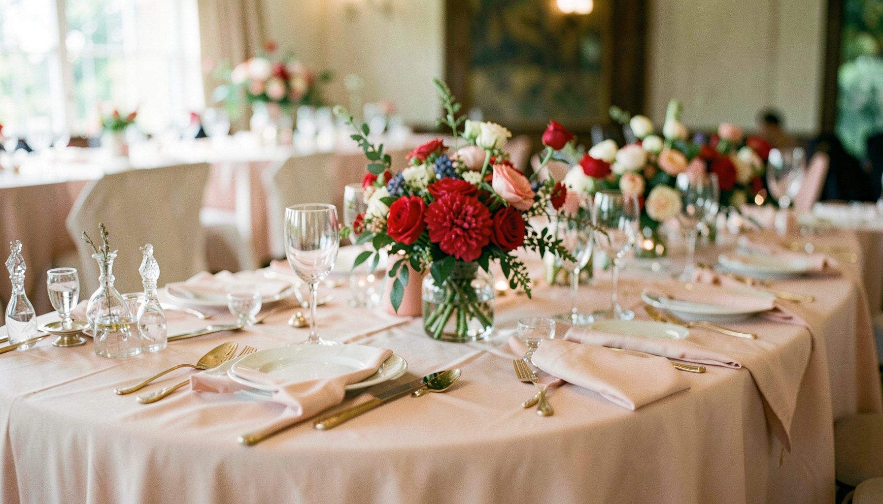 A wedding reception table set with blush linens, gold flatware, and seasonal floral centerpieces, soft natural daylight.