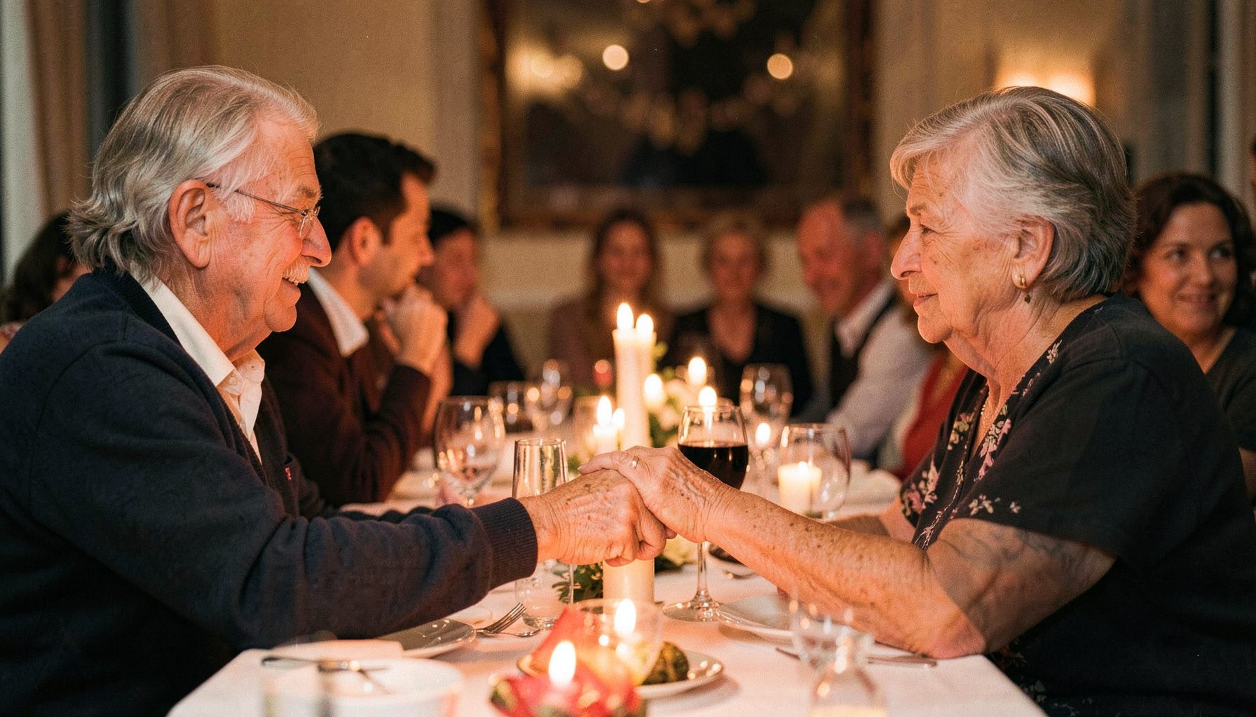 An older couple holding hands across a table at an anniversary celebration, warm candlelight and soft amber tones.