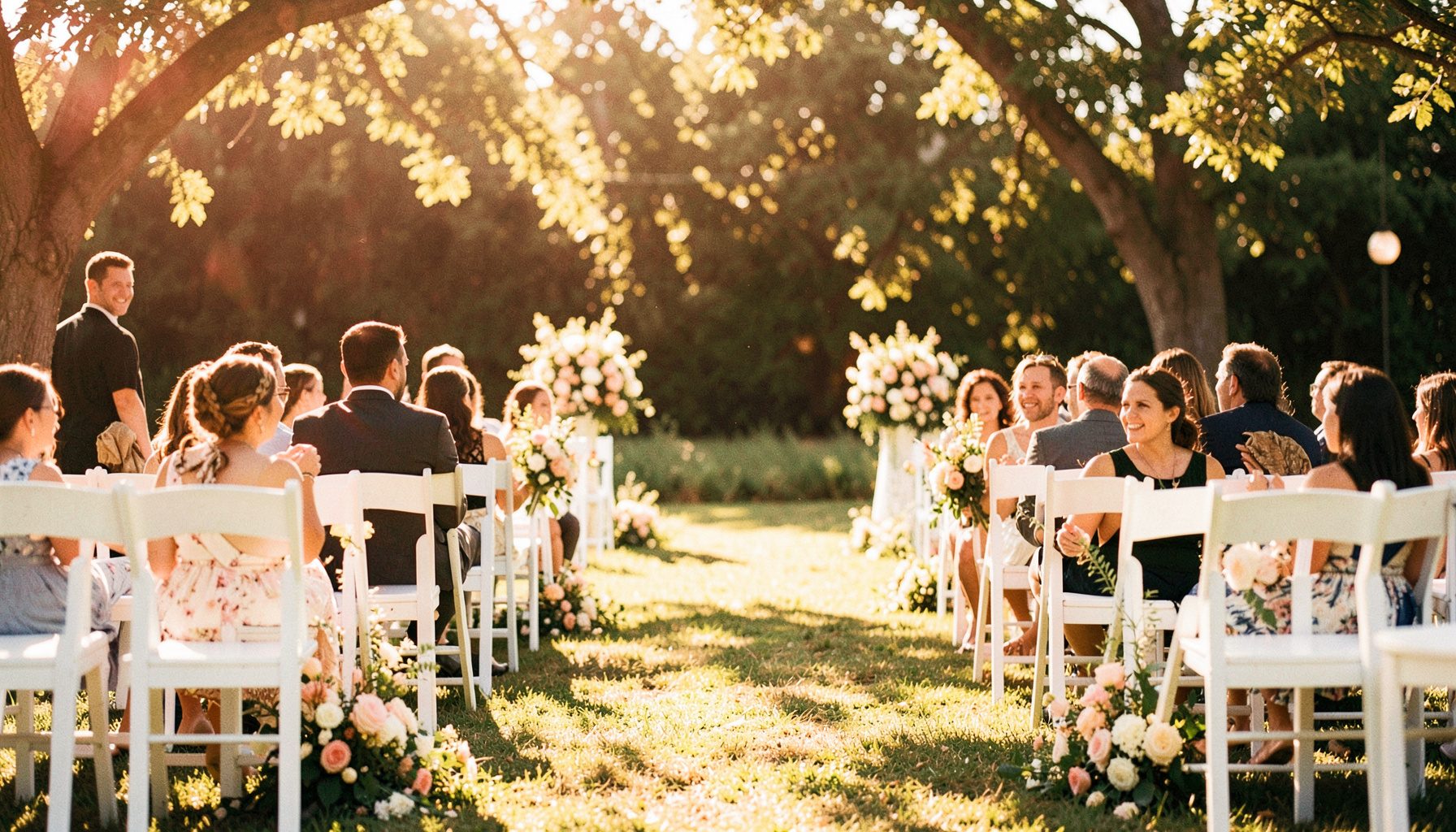 A sunlit outdoor wedding ceremony setup with white chairs and floral arrangements, warm golden and cream tones, candid documentary style.