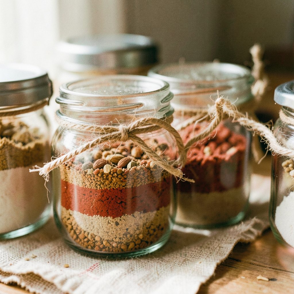 Small glass jars filled with layered dry ingredients and tied with twine, warm amber and natural linen tones, arranged on a rustic wooden surface.