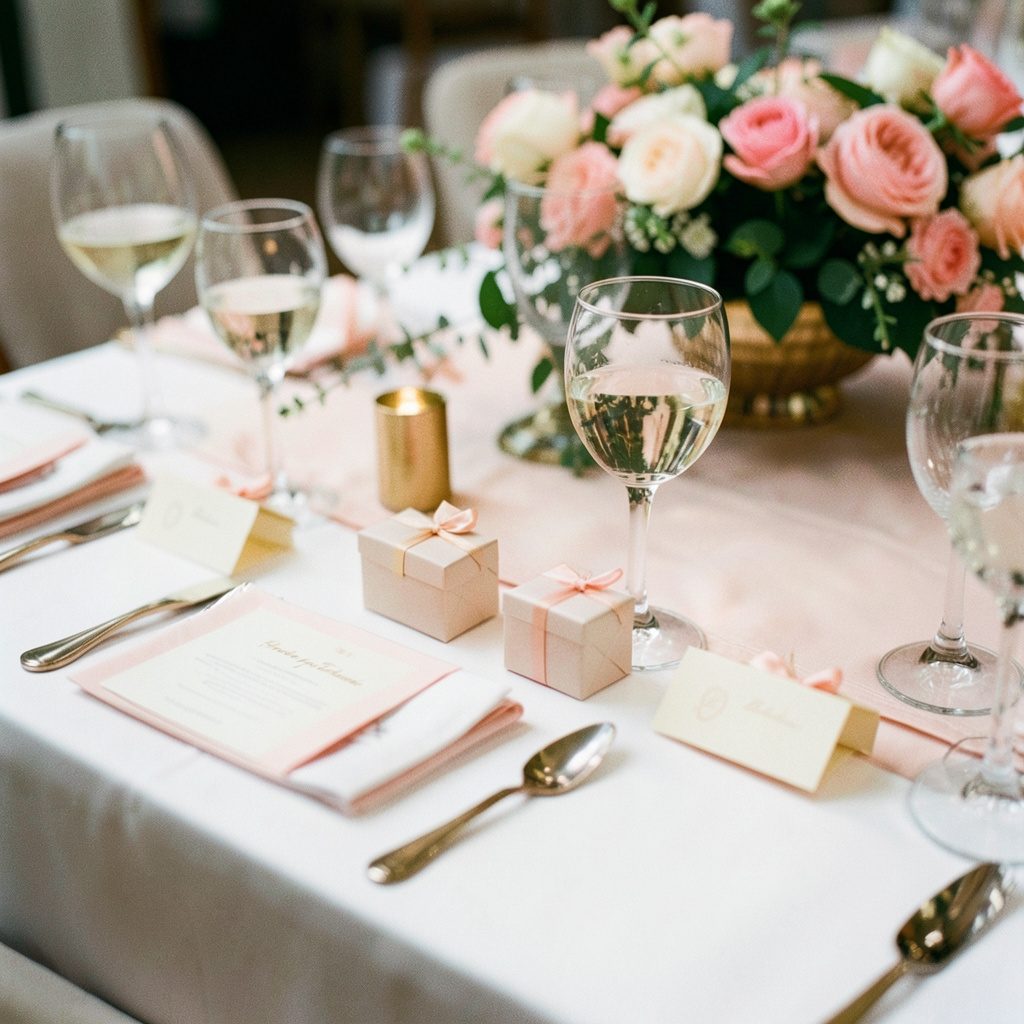 A wedding table setting with tiny favor boxes arranged beside place cards, soft blush and gold accents, candid documentary style.