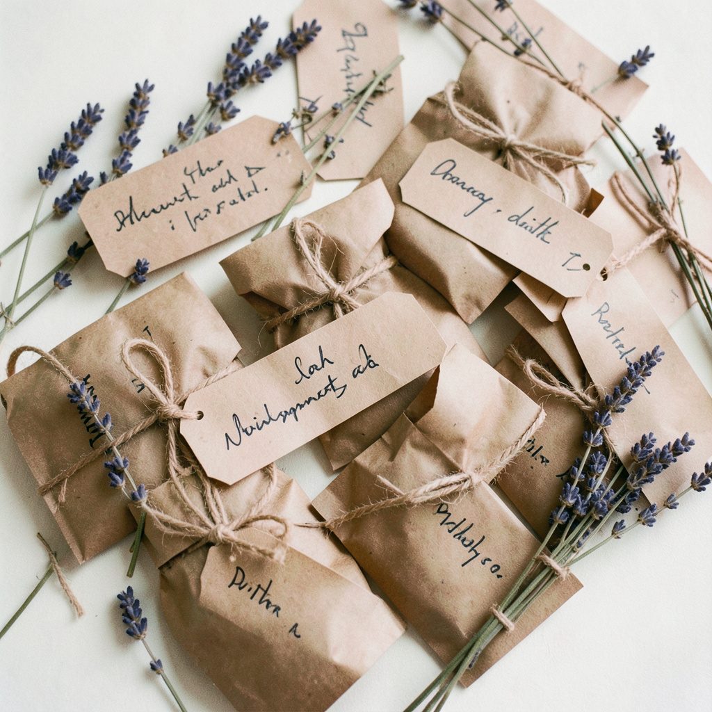 A flat lay of hand-tied favor sachets in muted kraft paper with dried lavender and handwritten tags, soft daylight, cream and natural tones