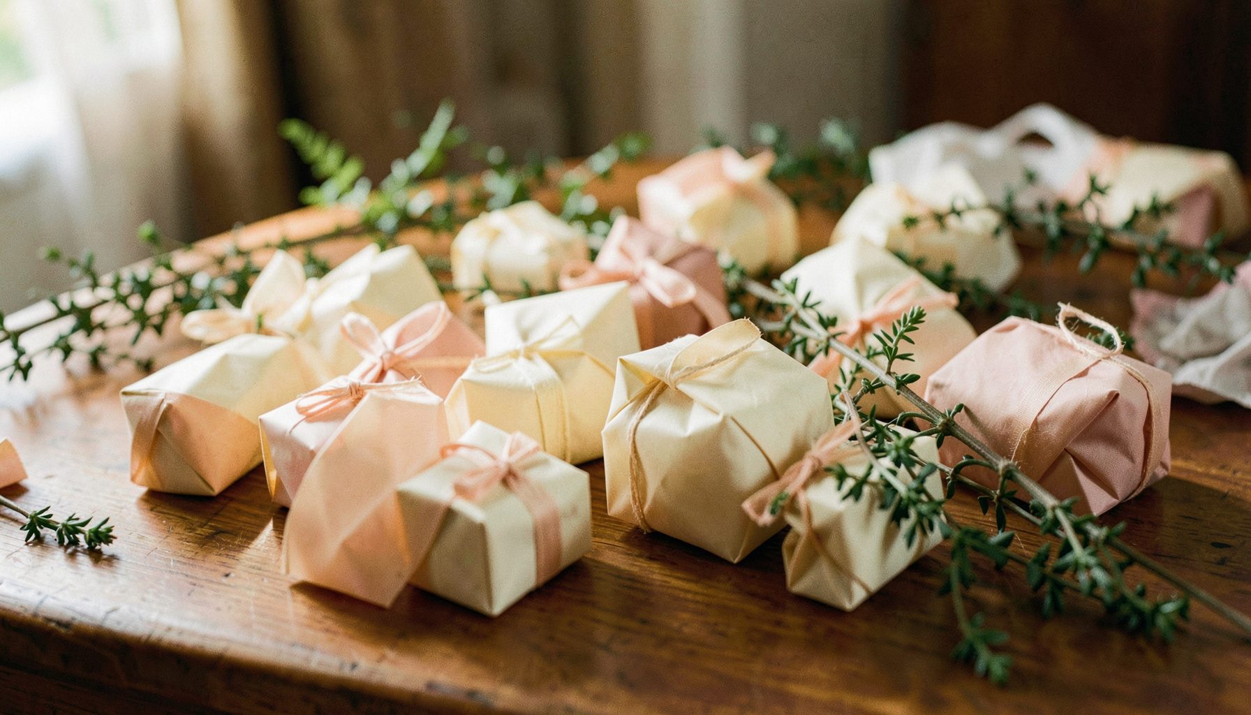 A tabletop arrangement of small wrapped favor boxes in soft cream and blush tones with sprigs of greenery, warm natural light.
