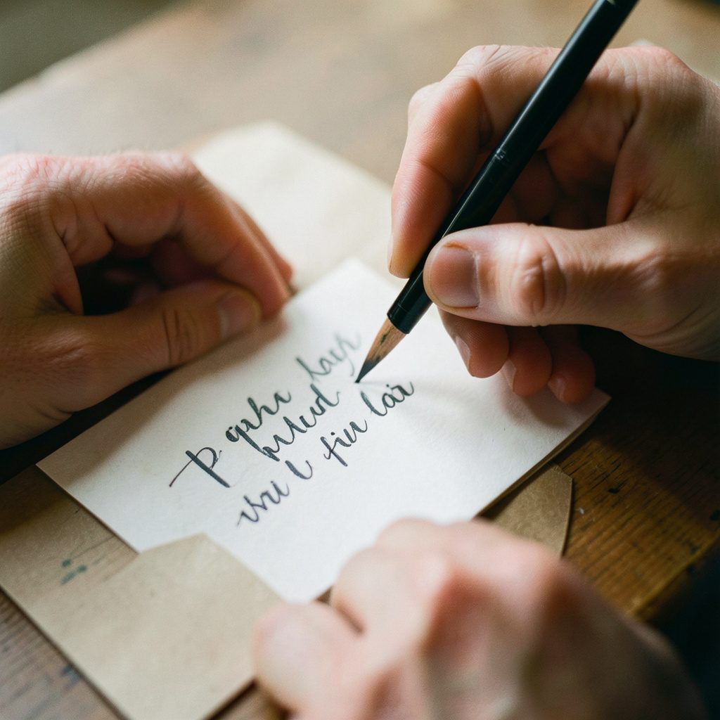 A pair of hands writing calligraphy onto a small favor tag with a brush pen, soft neutral tones and natural light, intimate creative workspace