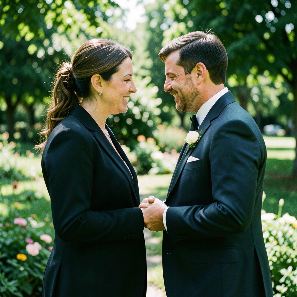 A couple renewing their vows in an intimate ceremony, soft natural light and warm cream tones, candid documentary style.