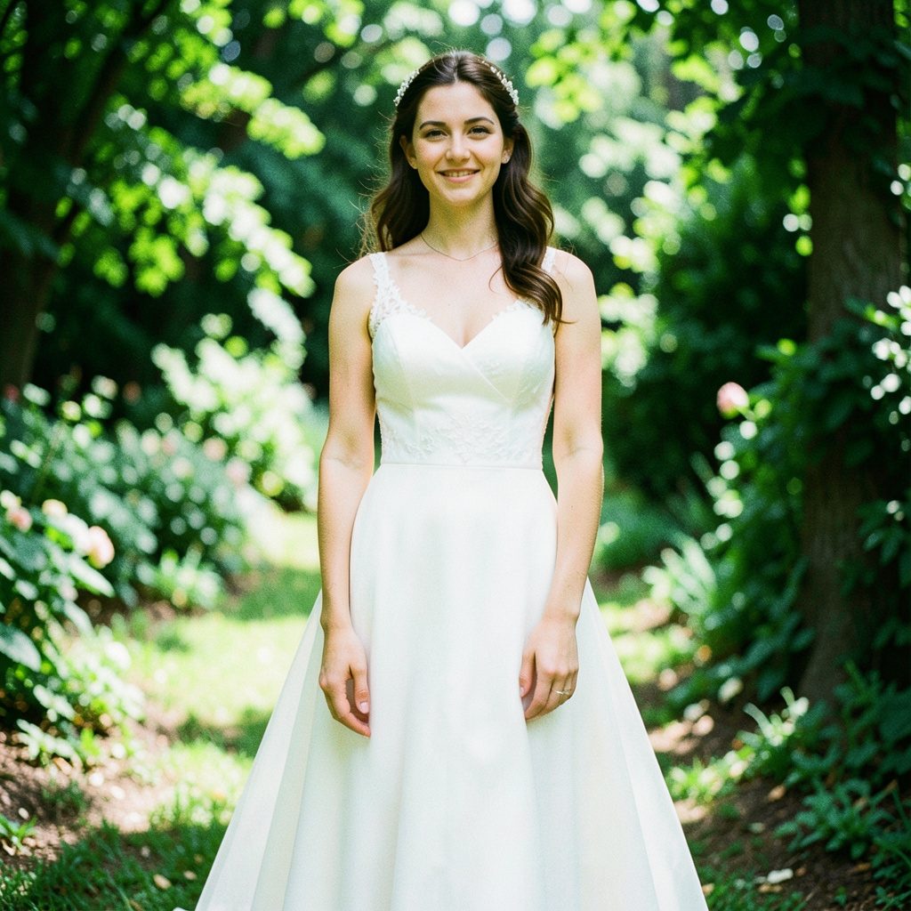 A bride in a flowing white wedding gown standing in a sunlit field, warm cream and ivory tones, candid documentary style.