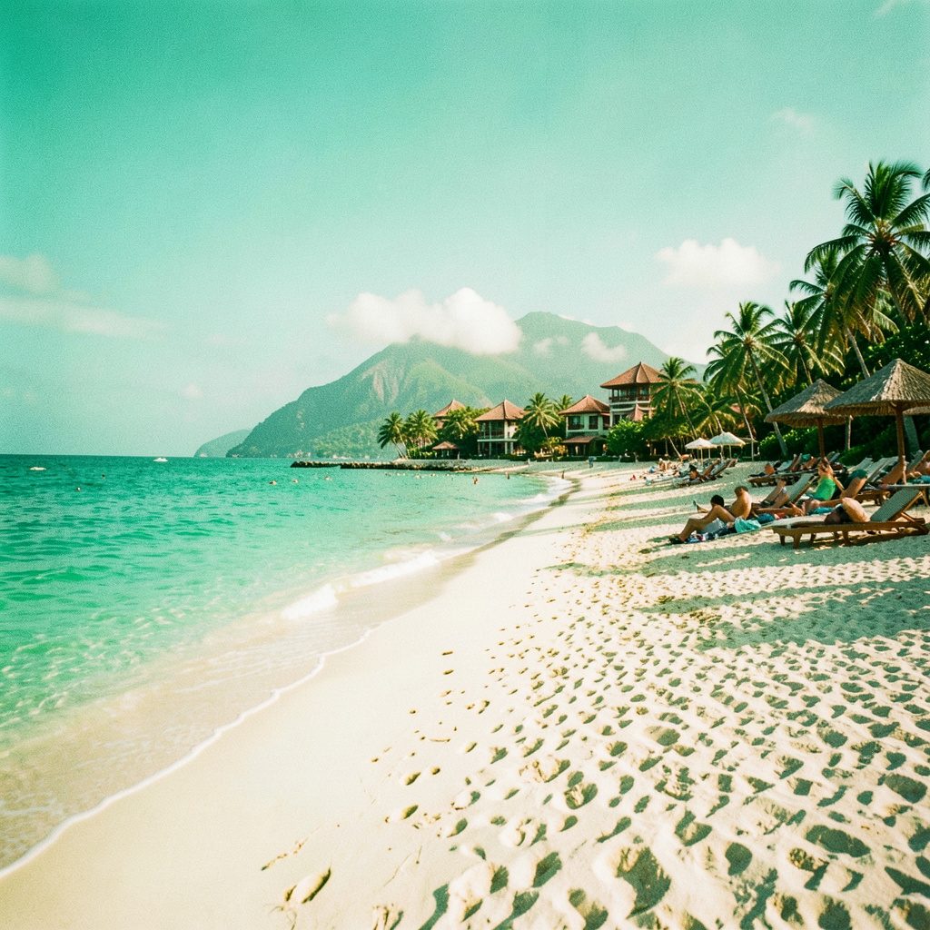 A sunlit tropical beach resort with turquoise water, white sand, and palm trees, warm golden and aqua tones, candid documentary style.