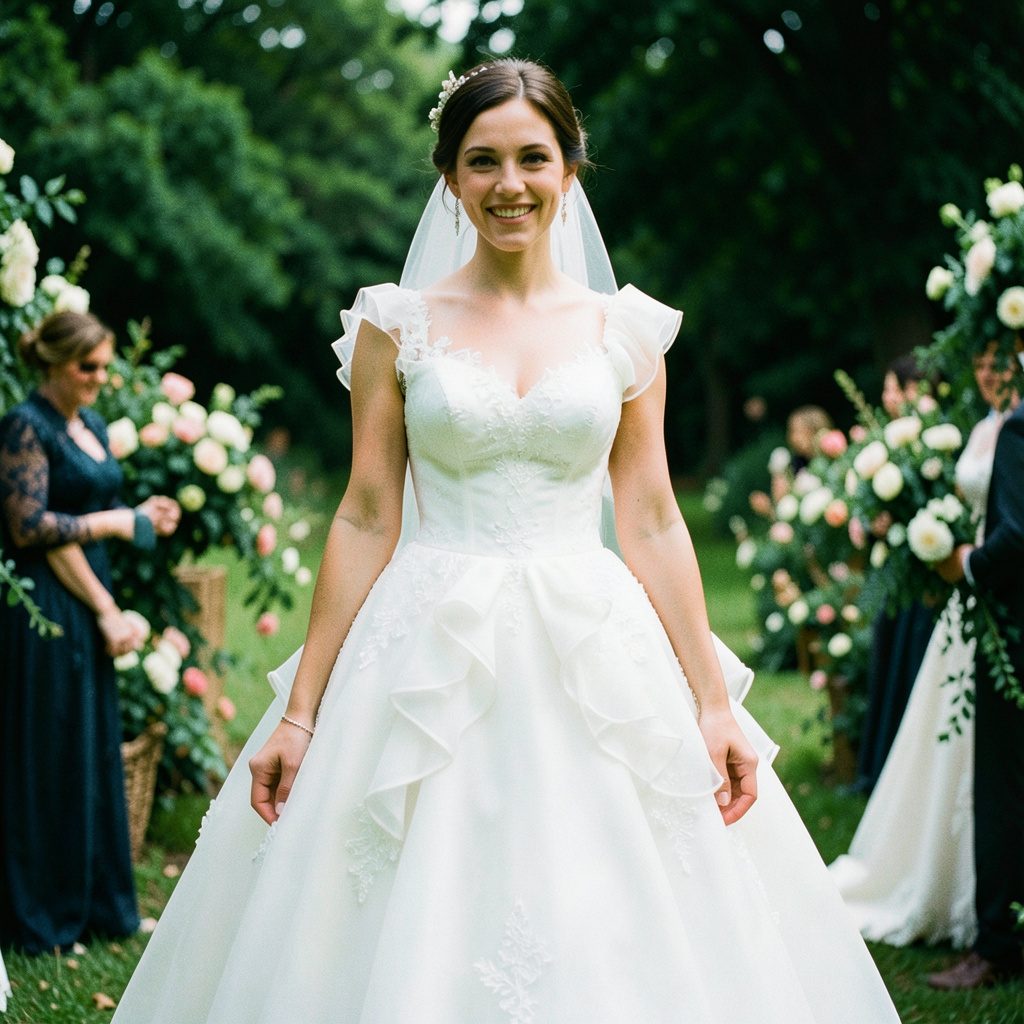 Close-up of a ruffled wedding dress bodice with delicate lace detailing, soft ivory and cream tones.